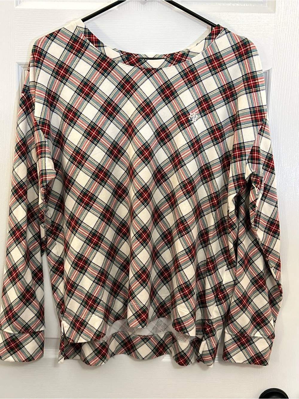 Lauren Ralph Lauren Ivory Plaid Jersey Long Sleeve Sleep Top - Size M